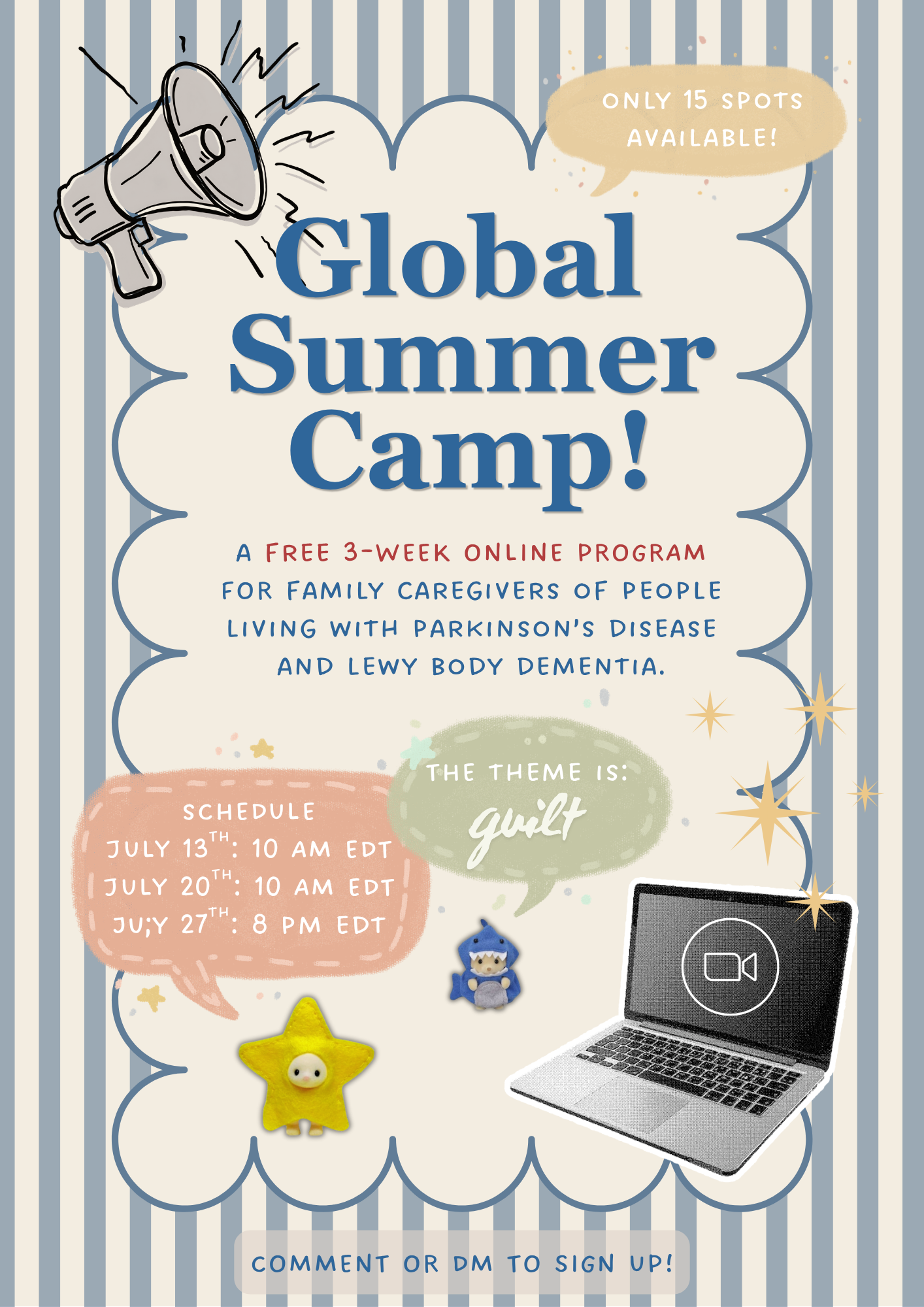PiaPia Global Summer Camp flyer — free 3-week online program for family caregivers of people with Parkinson's disease and Lewy body dementia. Theme: guilt. July 13, 20, 27 (2026).
