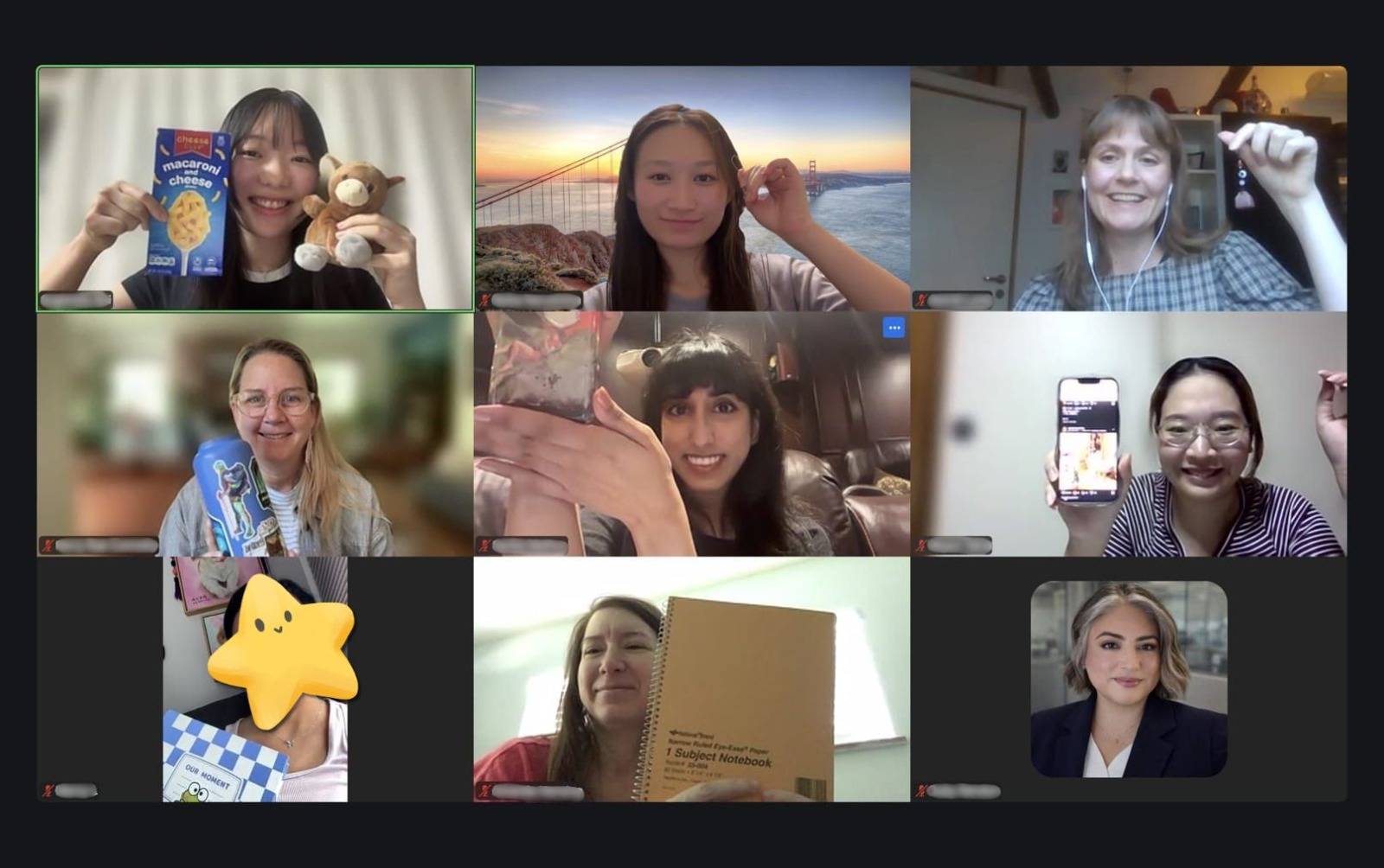 PiaPia online meetup — family caregivers from around the world on a video call, each holding up something meaningful to them.