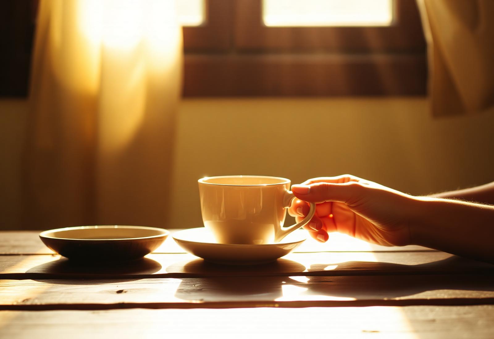 Warm hands holding a ceramic cup in morning light